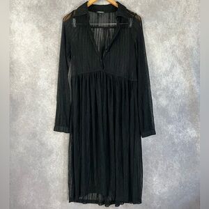 Androgyny Midi Dress Womens Small S Black Lace Long Sleeve V-Neck Collar Goth